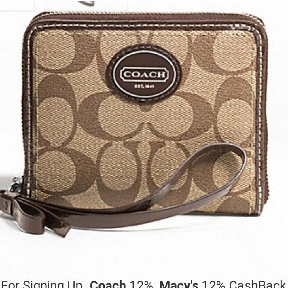 Coach Signature Peyton Zip Around Wallet F74341 Silver Khaki Mahogany